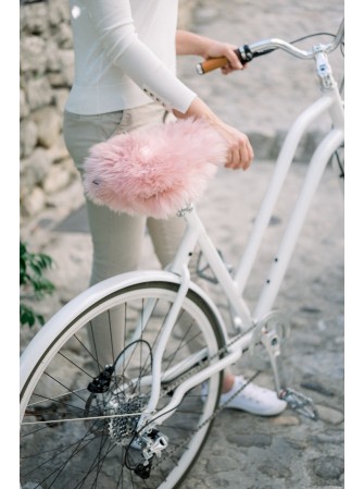 Couvre selle de vélo en peau de mouton rose poudré à poils longs