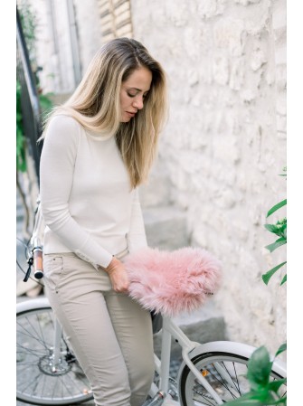 Couvre selle de vélo en peau de mouton rose poudré à poils longs