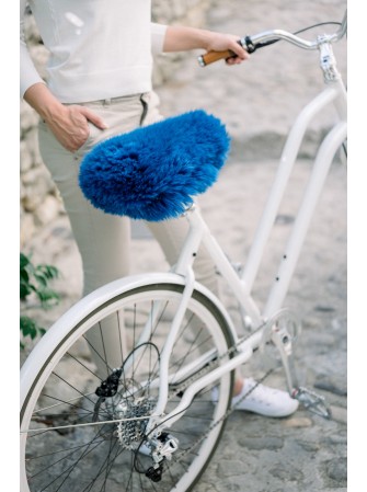 Couvre selle de vélo en peau de mouton bleu dur à poils longs
